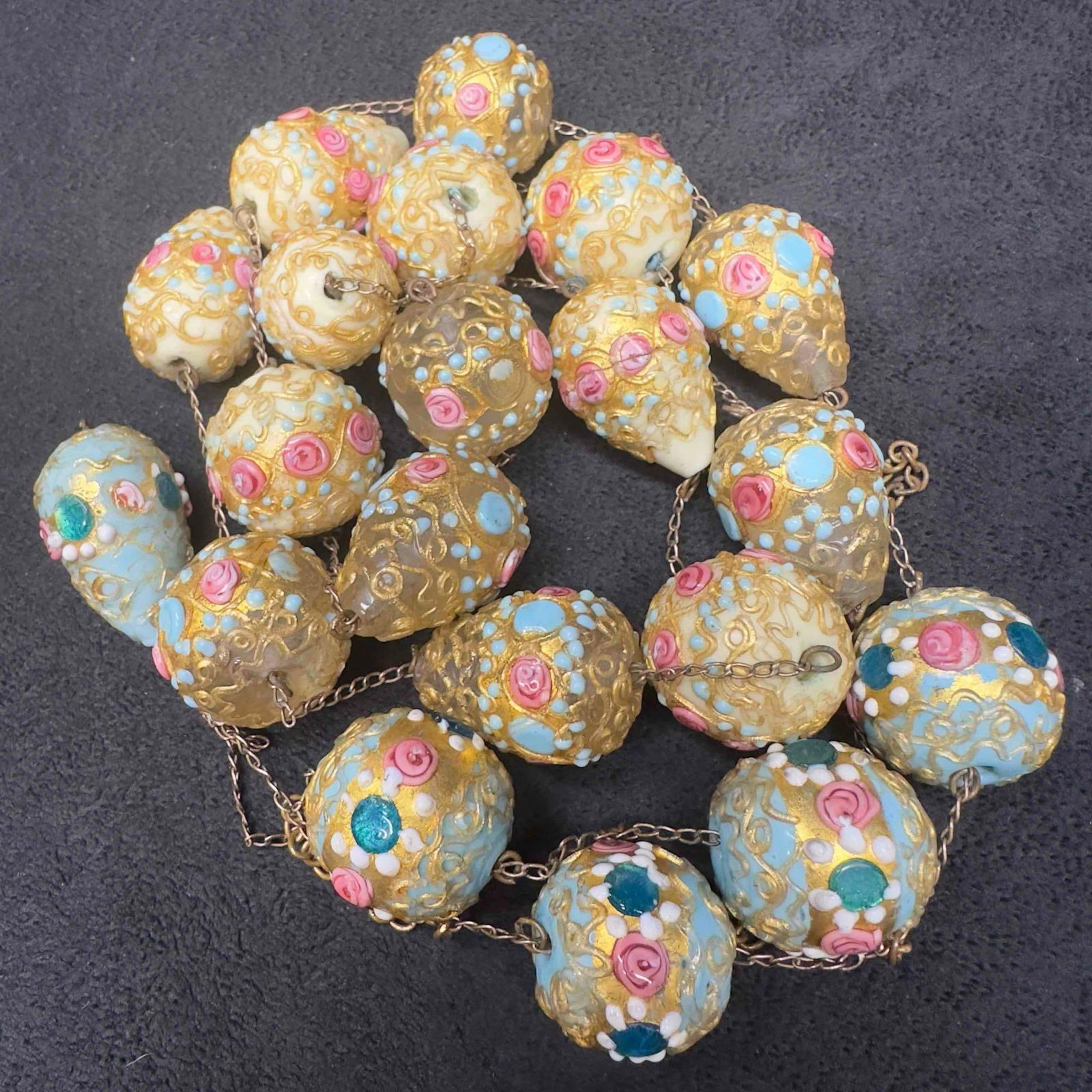 Murano Venetian Lamp Work Art Glass Large Blue Cream Clear Beaded Pendant Style Long Necklace G12 (1 of 19)