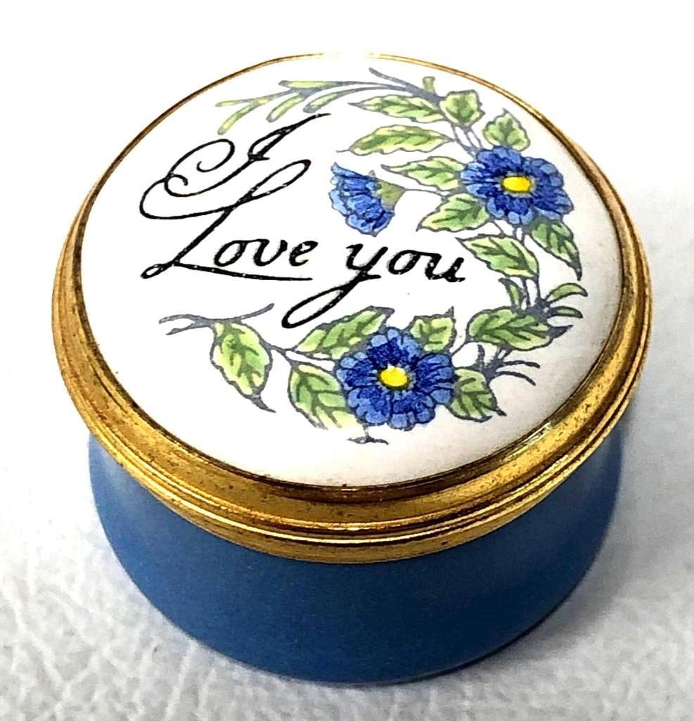 Crummles - Made in England - "I Love You" with Blue Flowers - Enamel Trinket Pill Box (1 of 3)