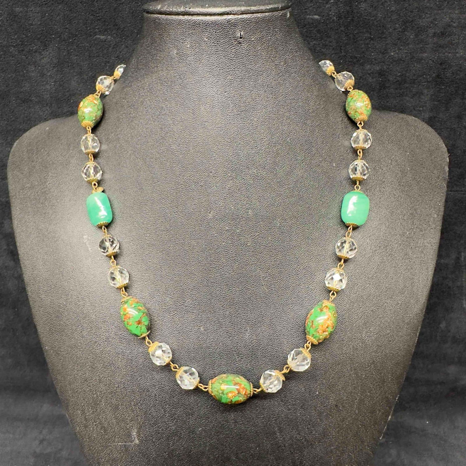 Venetian Murano Glass Lamp Work Green Gold Oval Bead Necklace (1 of 11)