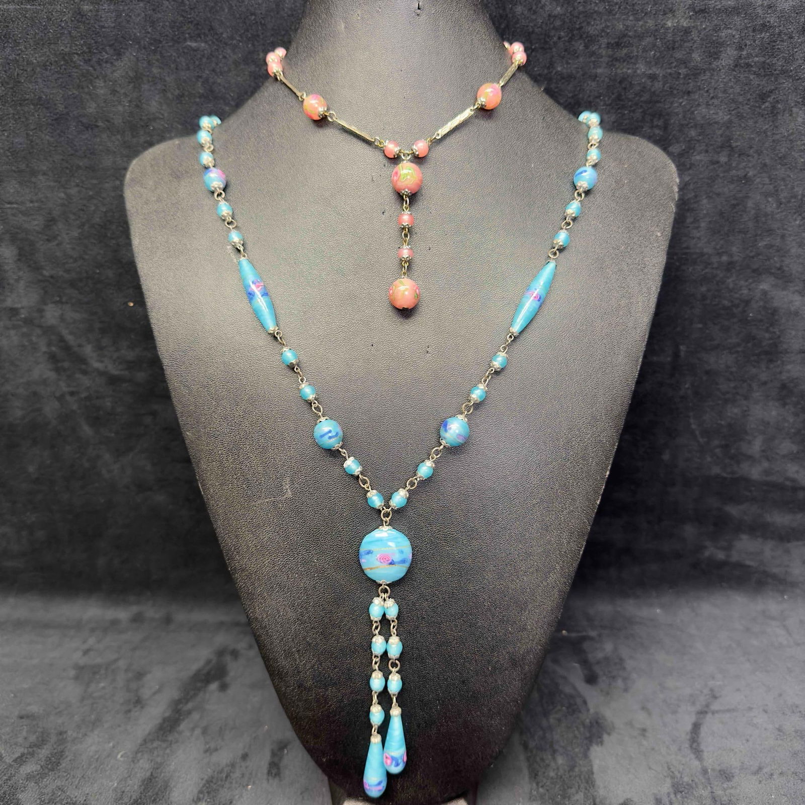 Murano Venetian Lamp Work Glass Fiorato Blue Pink Bead Necklace Set Floral Beaded Necklaces A20 (1 of 10)