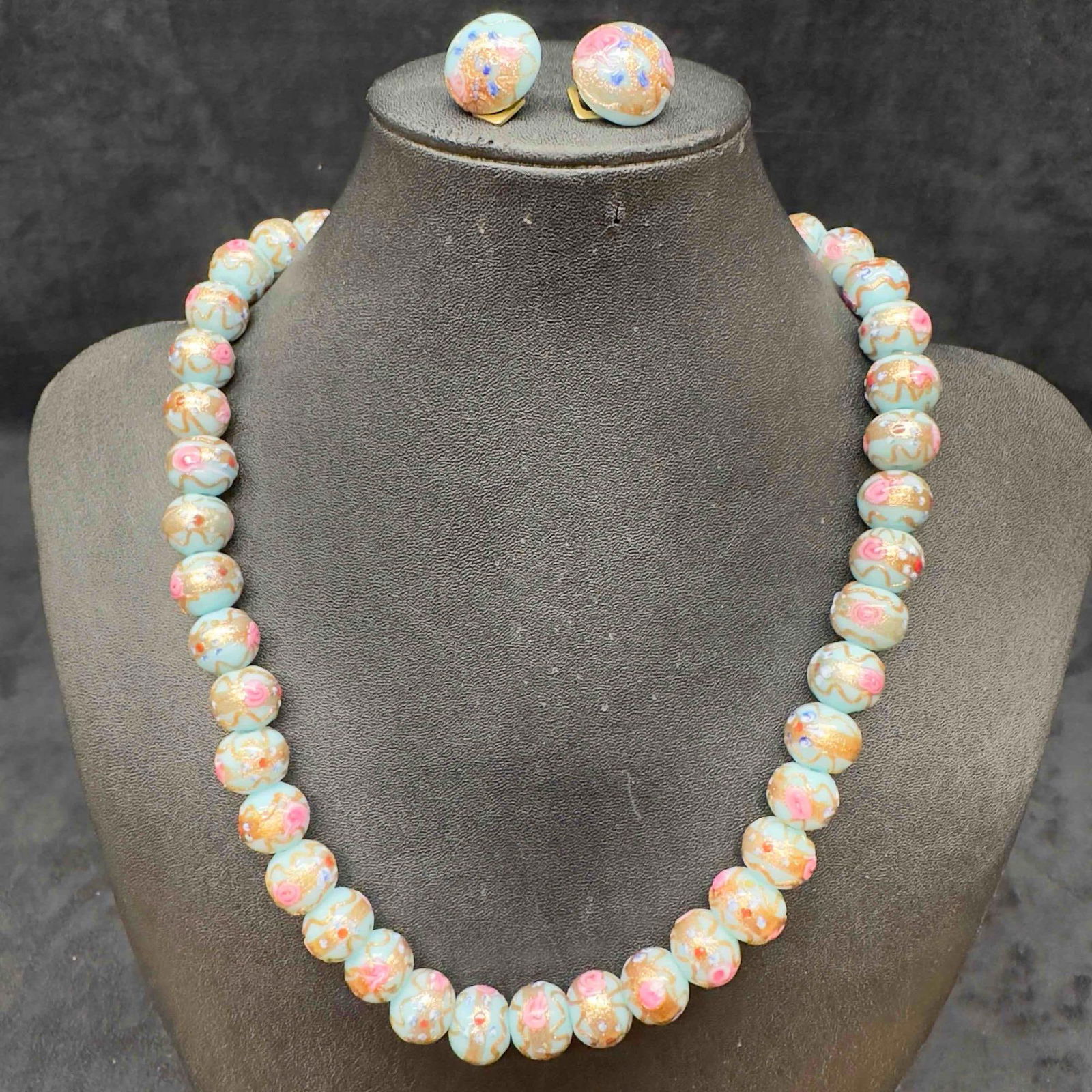Murano Venetian Lamp Work Glass Fiorato Light Blue Bead Beaded Necklace and Floral Earrings Set A48: Murano Venetian Lamp Work Glass Fiorato Light Blue Bead Beaded Necklace and Floral Earrings Set A48. Necklace and earrings with light blue colored glass beads with beautiful hand painted designs on ea