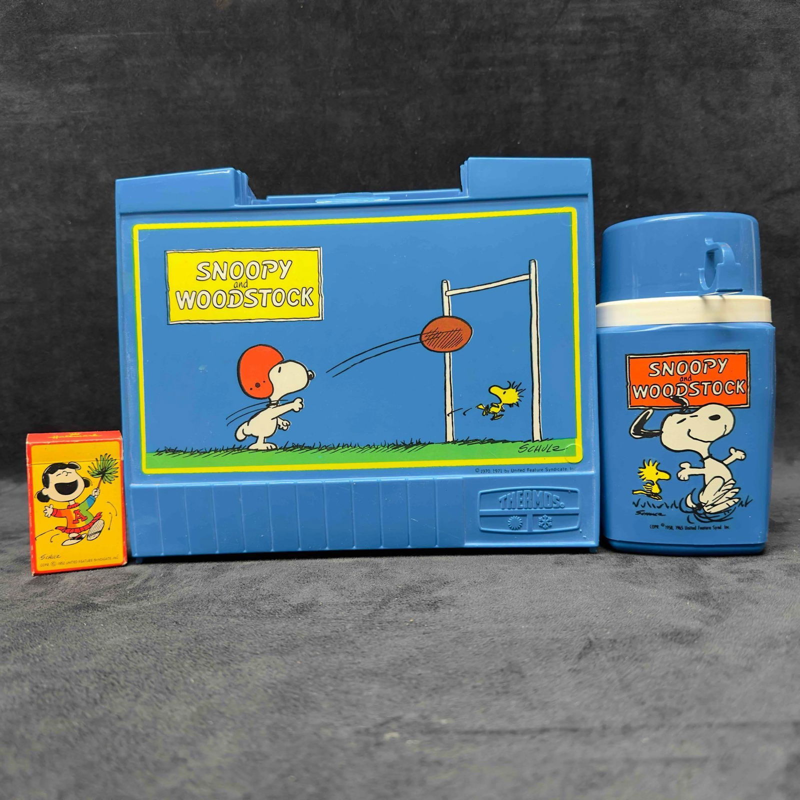 Snoopy and Woodstock Blue Lunchbox Thermos Peanuts Schulz Set (1 of 6)