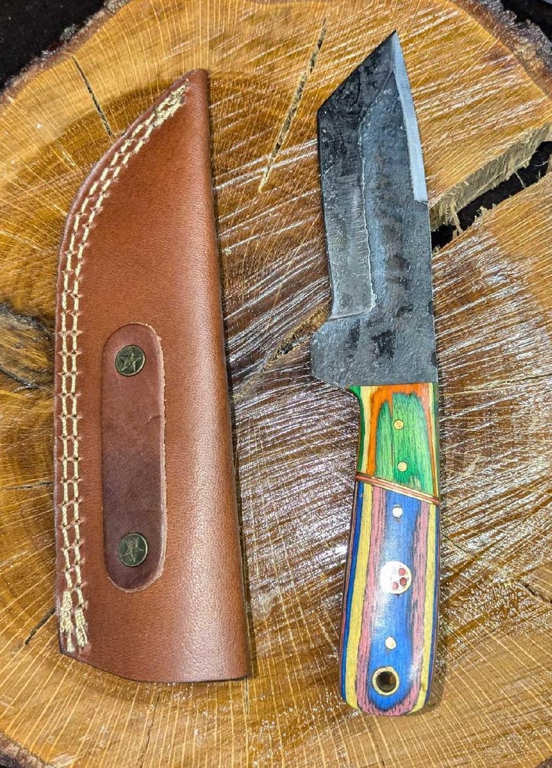 MHS Cutlery Steel Knife And Leather Sheath RTCJJ: MHS Cutlery Steel Knife And Leather Sheath RTCJJ. Steel knife comes in a leather sheath. Is approx 2 1/4" x 3/4" x 8 3/4" and it weighs 0.41b. The knife does not appear to have been used and has a coa