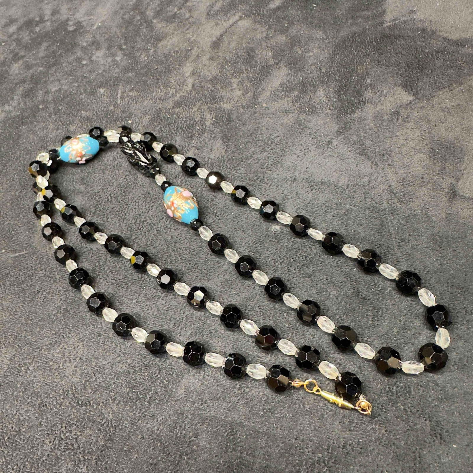 Murano Venetian Lamp Work Glass Blue Oval Bead Black Beaded Necklace A73 (1 of 9)