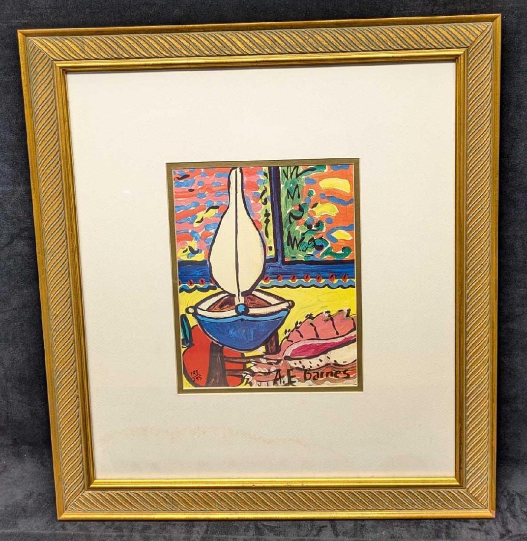 Framed A.E. Barnes S&N Sails And Shells Print R69: Framed A.E. Barnes S&N Sails And Shells Print R69. This one is #198 out of #295. The framed print is approx 19" x 1" x 21" and it weighs 5.10lbs. The matting has some stains/dampstaining. Please see t