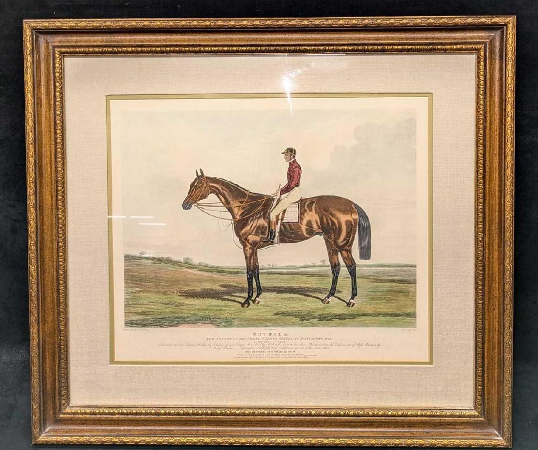 Engraving Print Of The Winning Horse 'Nutwith' And Jockey: Engraving Print Of The Winning Horse 'Nutwith' And Jockey. Engraved by C Hunt. Vintage horse print titled 'Nutwith the winner of the Great St. Leger Stakes at Doncaster, 1843'. This aquatint pri