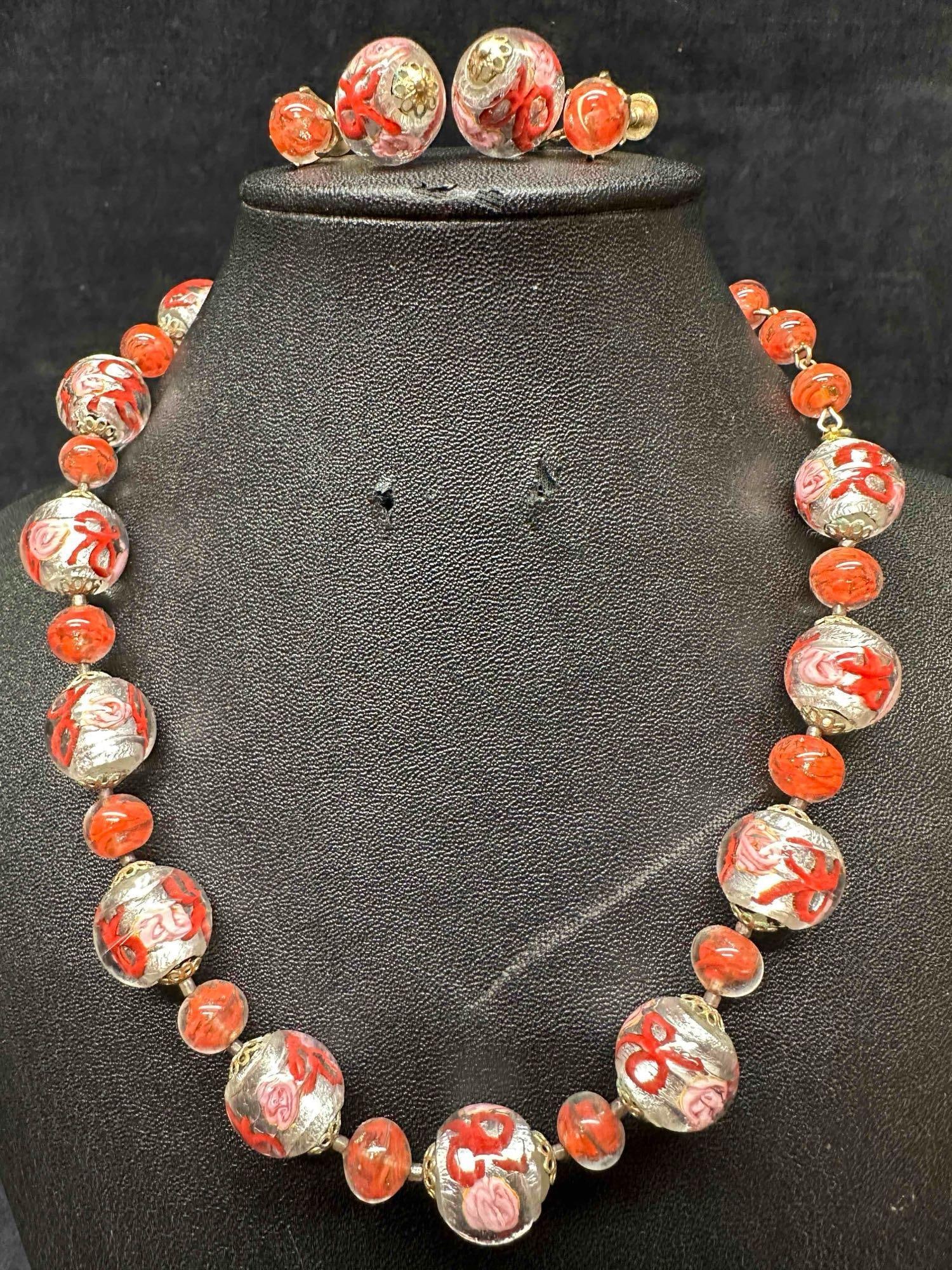 Venetian Murano Lamp Work Art Glass Clear Pink Floral Beaded Necklace and Earrings Set G50 (1 of 13)