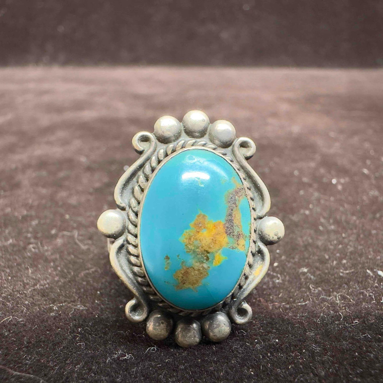 Native American Style Oval Blue Turquoise Sterling Silver Ornate Bezel Beaded Ring (1 of 8)