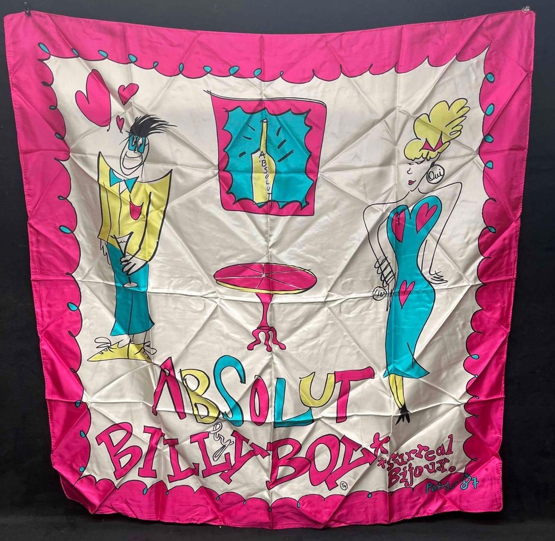 Absolut Vodka 100% Soie Silk Scarf Billy Boy Paris (A): This lot contains a Absolut Vodka 100% Soie Silk Scarf Billy Boy Paris (A). It is approx 7" x 5 1/2" when folded up and it weighs about 1.5oz. Overall the scarf is in excellent used condition