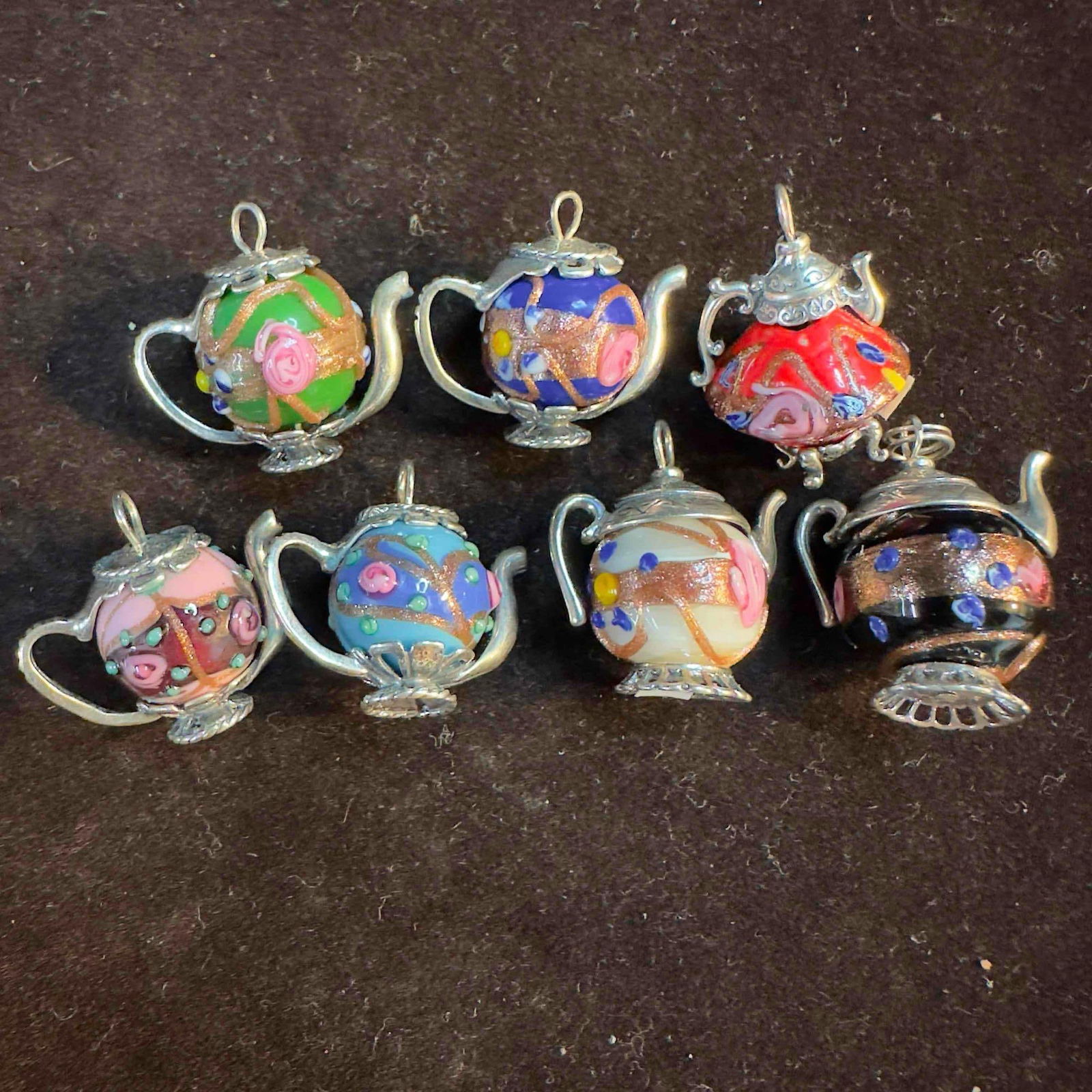 Murano Glass Art Tea Pot Sterling Silver Bead Charm Set Lot of 7 Seven Charms Copper Accents (1 of 13)
