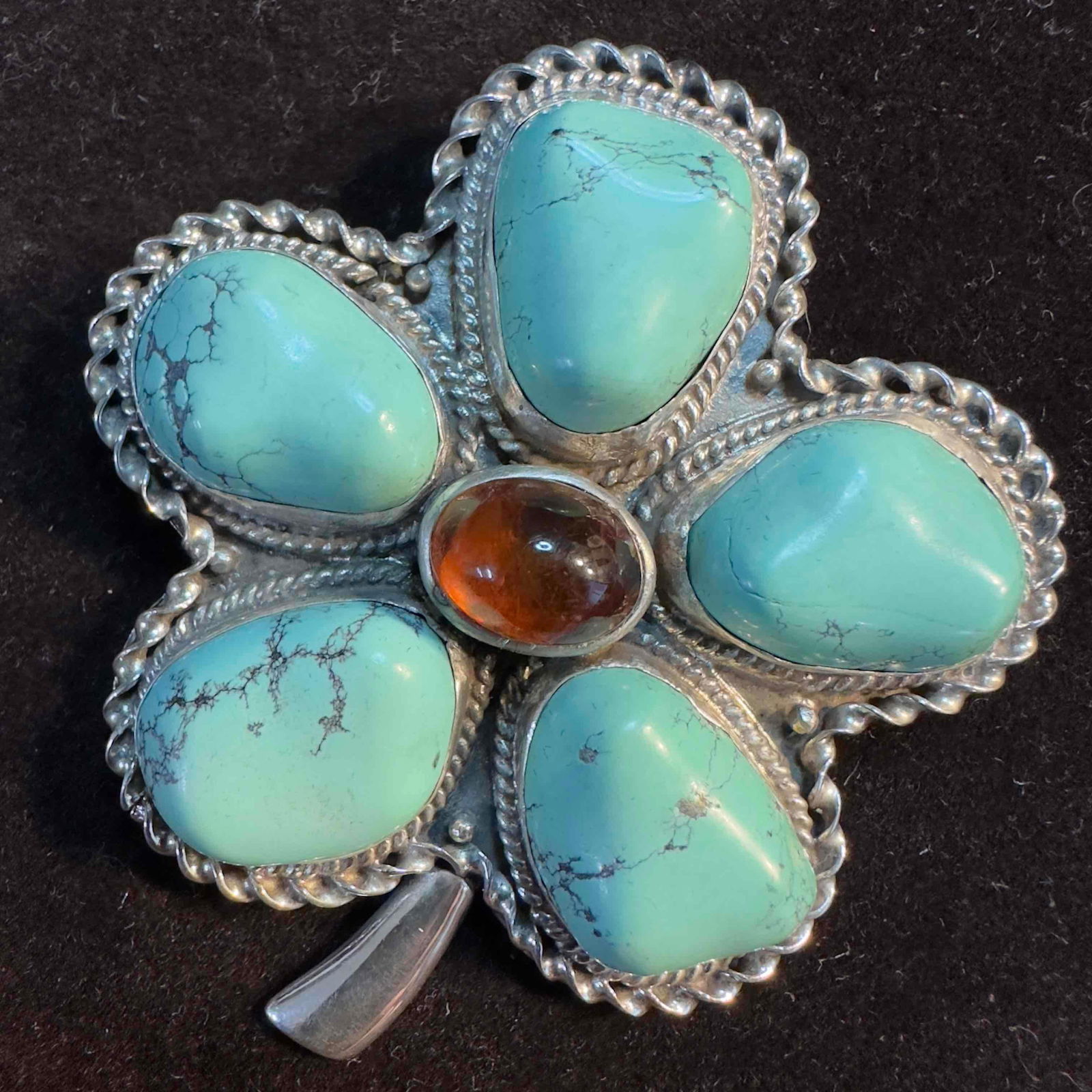 Turquoise and Amber Large Five Leaf Flower BJ Sterling Silver Pendant Brooch (1 of 10)