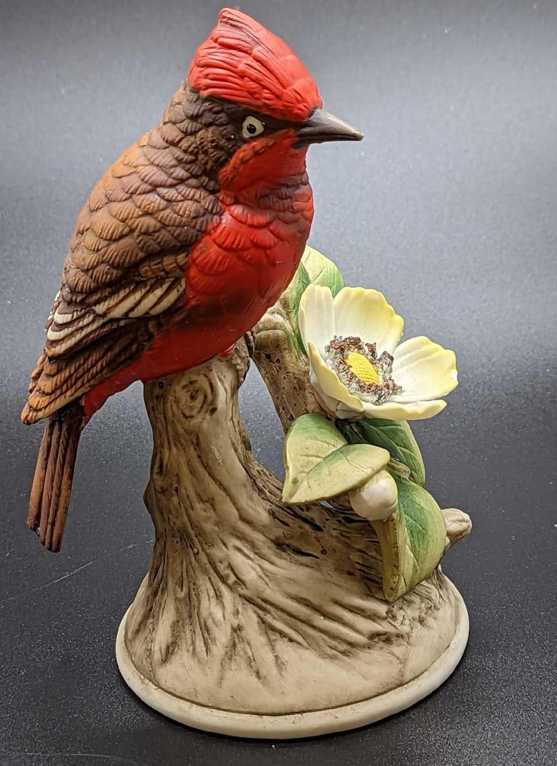 Vintage Andrea By Sadek Vermilion Flycatcher Figurine: Vintage Andrea By Sadek Vermilion Flycatcher Figurine. This porcelain figurine is approx 4" x 4" x 5 3/8" and it weighs 0.47lb. The figurine has some light white spots. Please see the images as t