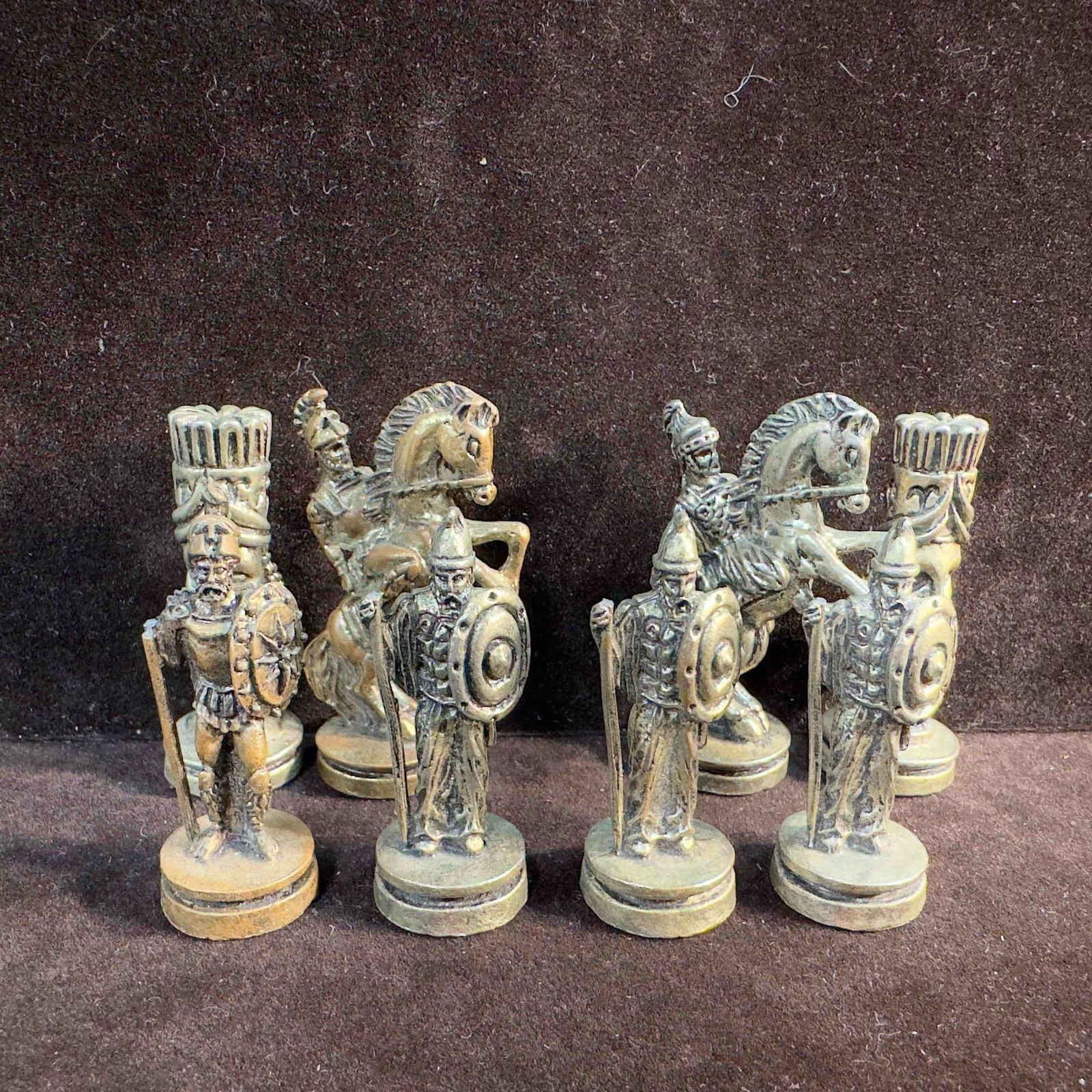 Greek Roman Themed Pewter Metal Chess Pieces Eight Horses: Greek Roman Themed Pewter Metal Chess Pieces Eight Horses. Some pieces are silver in color while some are bronze in color. Some chess pieces are broken missing/broken pieces. No distinct markings and