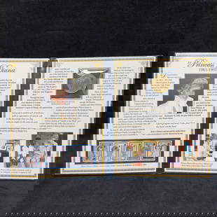 Princess Diana 20th Anniversary Memorial Commemorative PCS Stamps and 24kt Gold Coin: Princess Diana 20th Anniversary Memorial Commemorative PCS Stamps and 24kt Gold Coin. 1999 Diana Memorial 5 pounds coin, electroplated in 24k gold. Fine historic postage stamps issued by the Royal Min