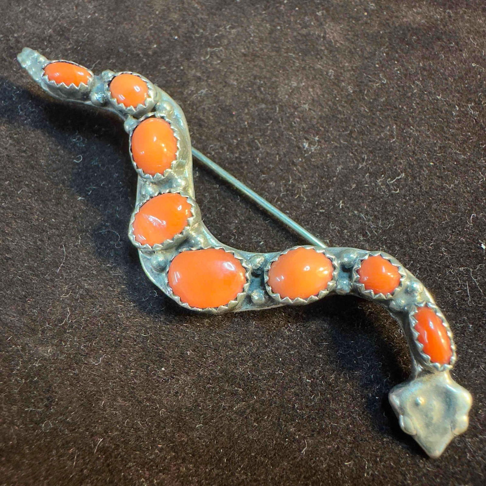 Eight Cabochon Red Coral Sterling Rattlesnake Navajo Style Brooch (1 of 4)