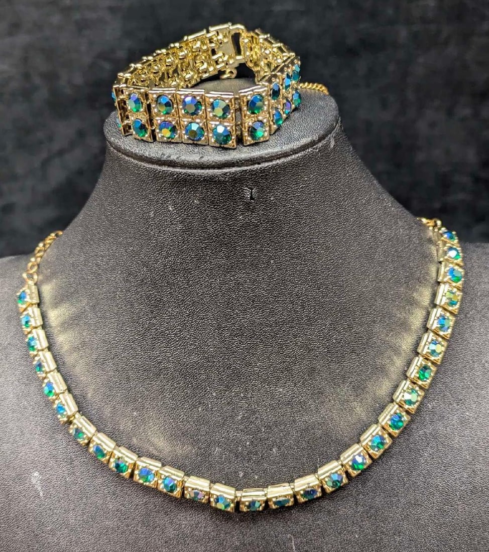 Vintage AB Crystal Gold Tone Choker Necklace And Bracelet (1 of 6)