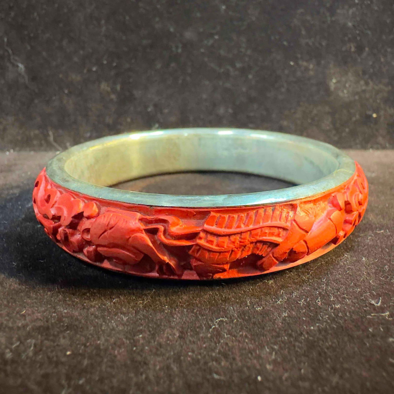 Red Chinese Carved Cinnabar 925 Sterling Silver Bangle Bracelet (1 of 13)