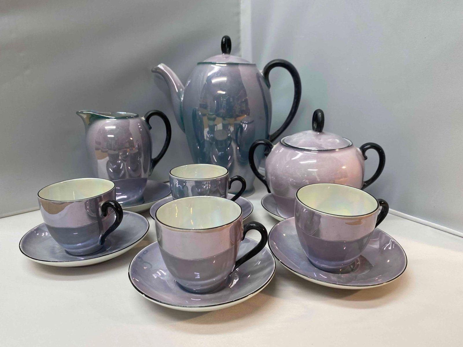 Victoria Czechoslovakia, Lusterware, Iridescent, 13 pc Hand Painted Tea Set (1 of 8)