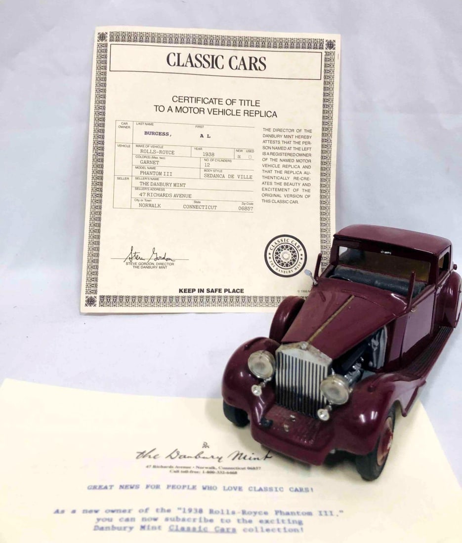 1938 Rolls-Royce Phantom III Motor Vehicle Replica & Certificate The Danbury Mint 1995 (1 of 20)