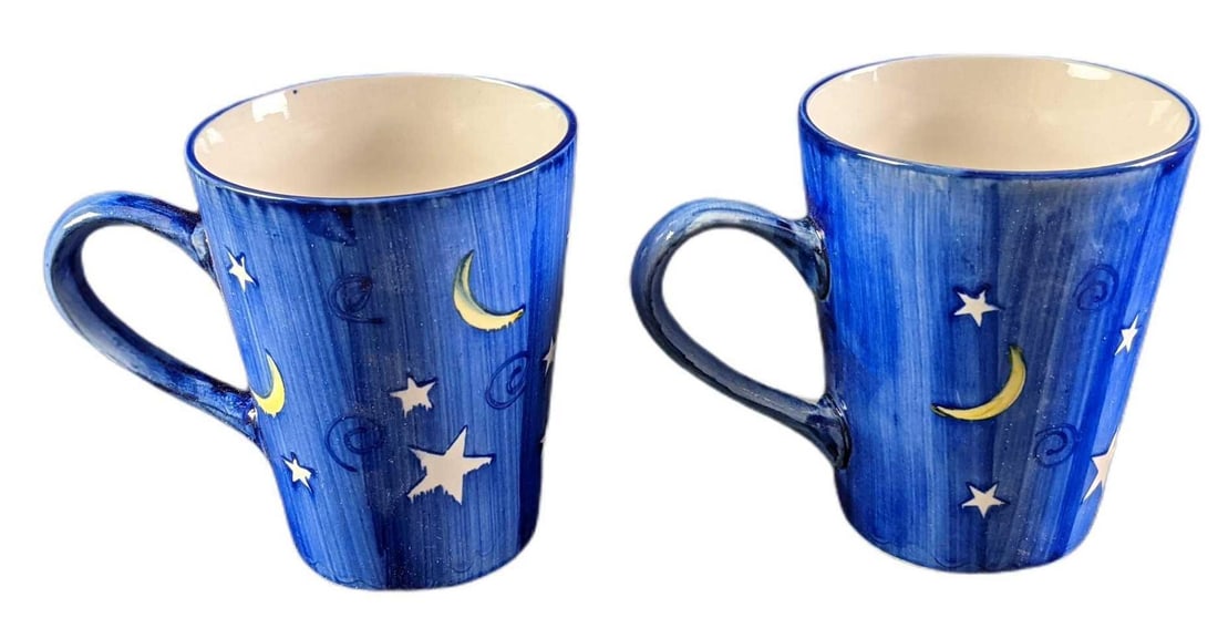 Two Station Casino Hand Painted Stars And Moon Mugs: Two Station Casino Hand Painted Stars And Moon Ceramic Mugs. Each mug is approx 5 1/4" x 3 1/2" x 4 1/4" and they come in a box which is approx 8 1/4" x 3 1/2" x 4 1/2" and weighs 1.5lbs.