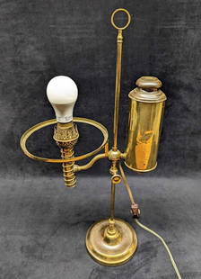 Vintage Brass Tone Converted Kerosene Lamp: Vintage Brass Tone Converted Kerosene Lamp. Here is an old kerosene lamp that had been converted into an electronic lamp. The lamp is approx 12" x 7" x 22 3/4" and it weighs 5.5 lbs. The lamp was test