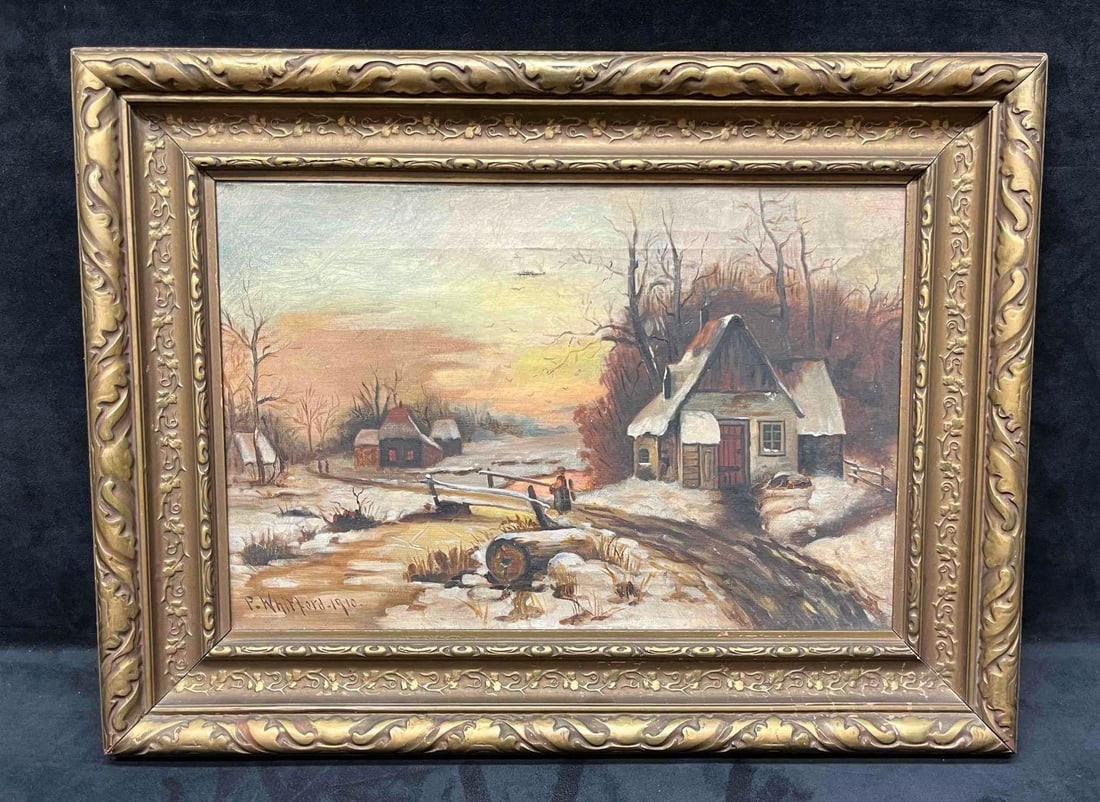 Framed Antique Oil Painting Landscape Scene By P. Whitford 1910 (R146) (1 of 19)