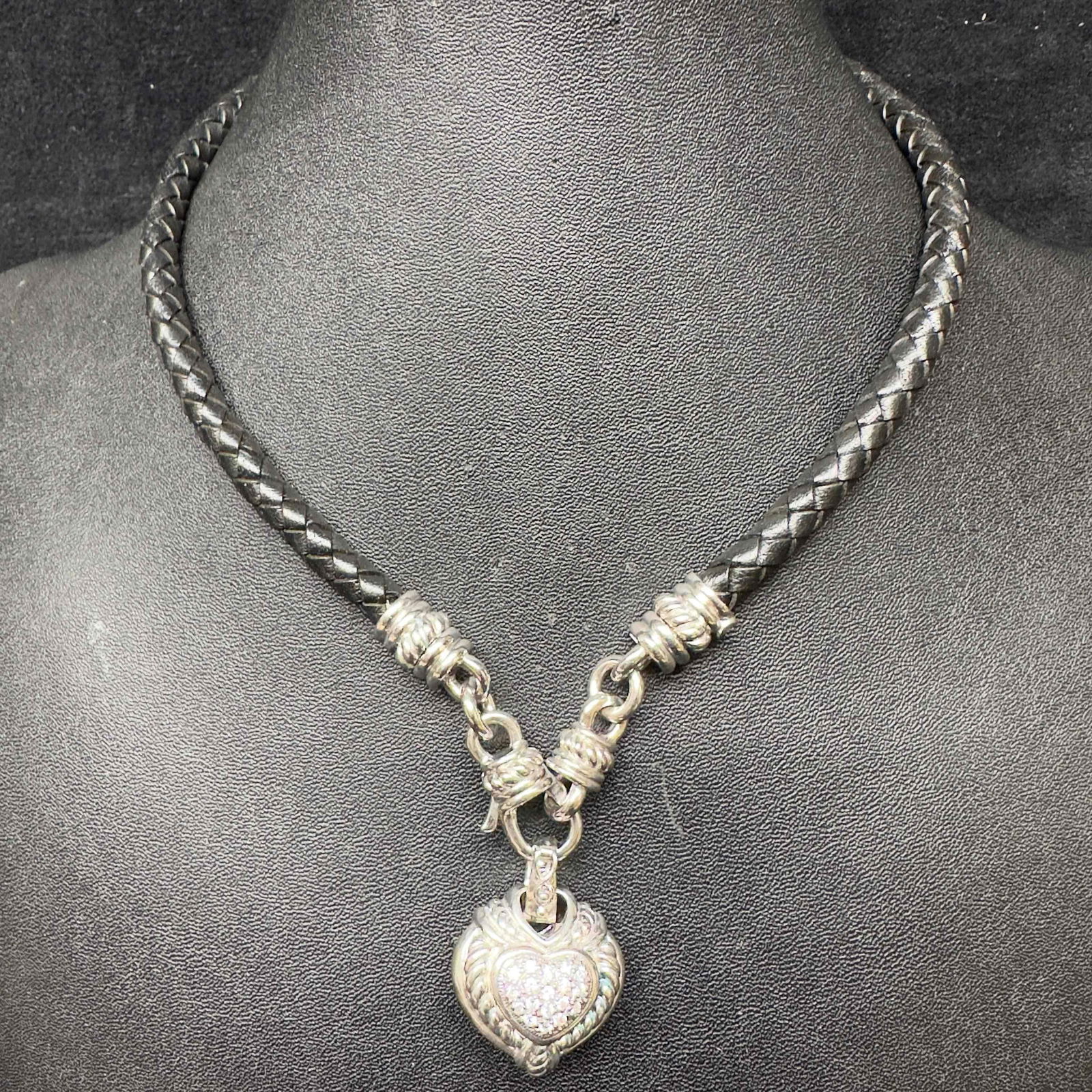 Sterling Silver Judith Ripka Classic CZ Heart Pendant Enhancer Black Leather Necklace Choker (1 of 16)