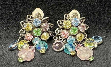 Signed Vintage Kirks Folly Clip On Multi Color Rhinestone Earrings