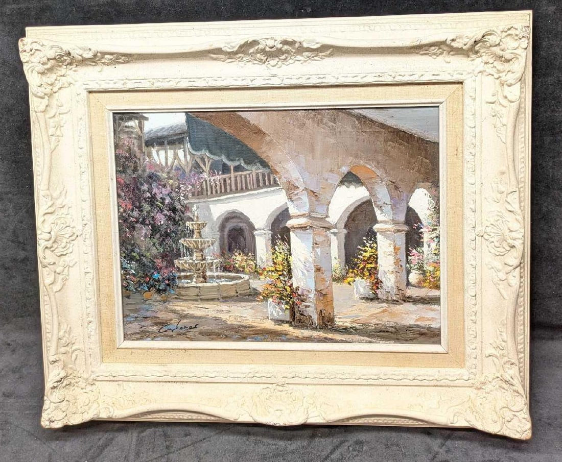 Framed Manuel Cuberos Fountain Original Oil on Canvas: Framed Manuel Cuberos Fountain Original Oil on Canvas. The framed canvas is approx 23 3/8" x 2 1/2" x 19 1/4" and it weighs 6lbs. The framed original was signed by the artist on the bottom left o