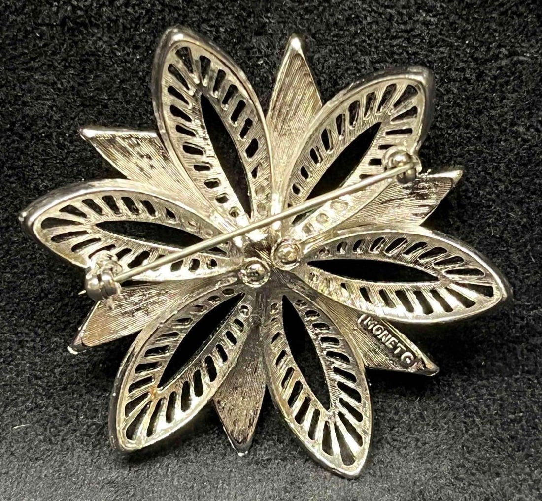 Signed Vintage Monet Silver Tone Flower Brooch (1 of 7)