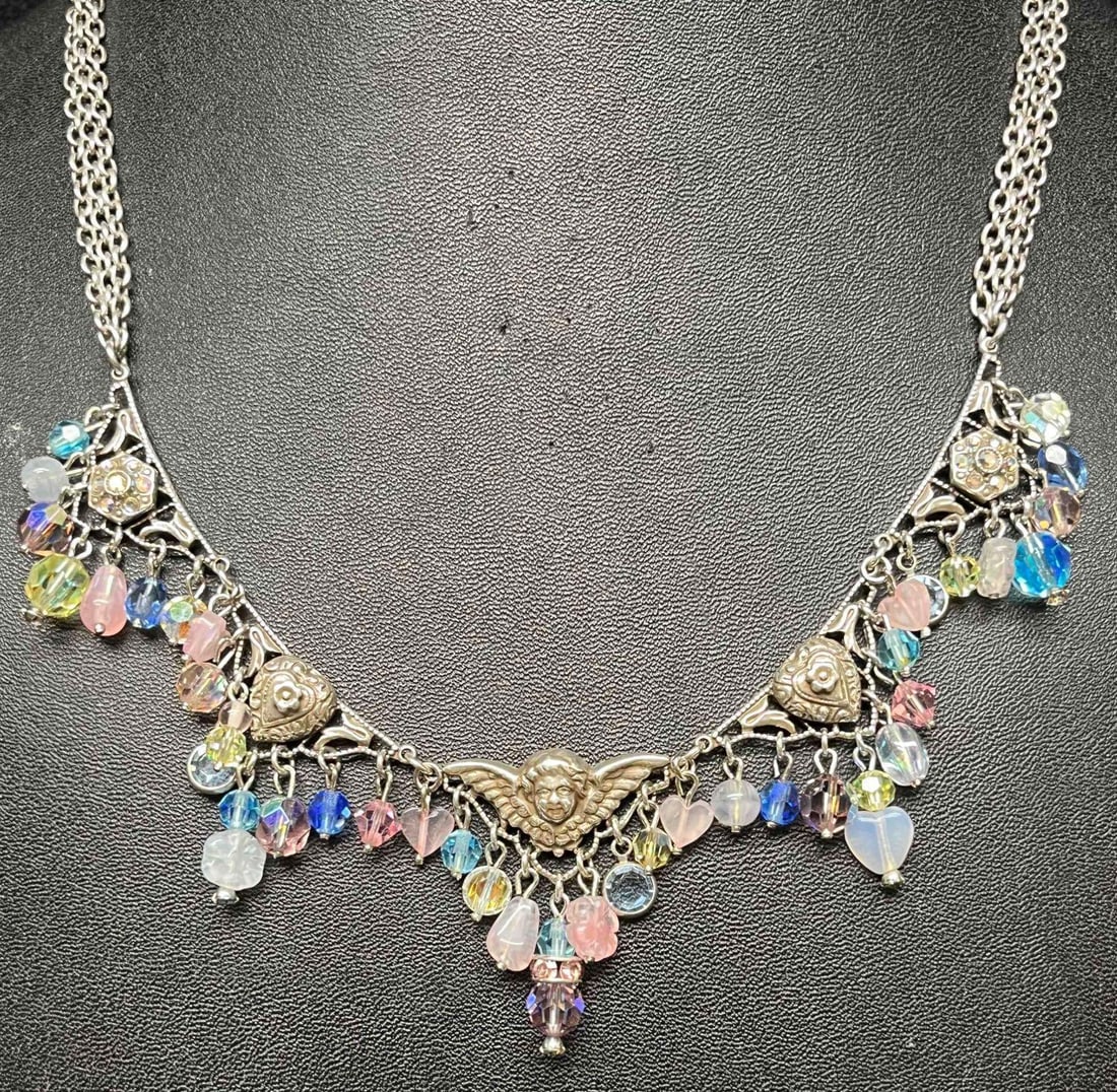 Signed Vintage Kirks Folly Silver Tone Necklace With Iridescent Beads (1 of 13)