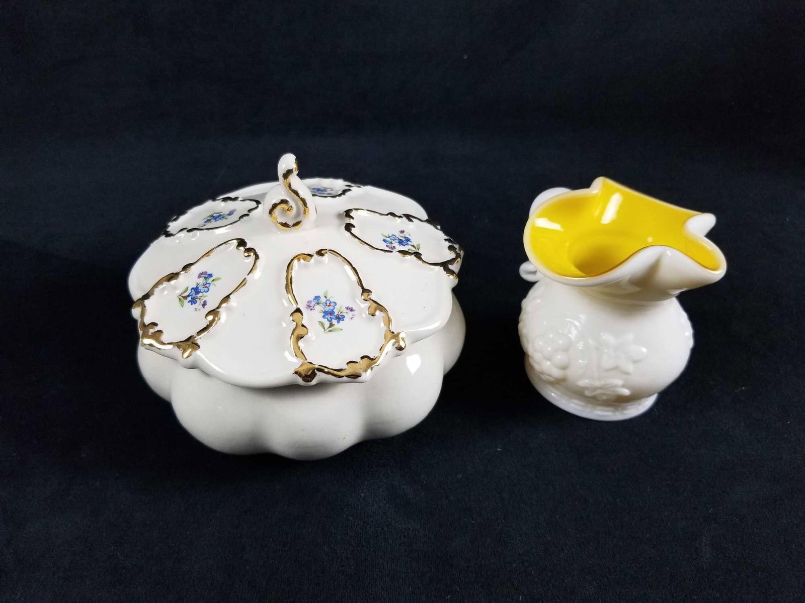 Vintage Porcelain Sugar Bowl With Top And Creamer: This lot includes: 1. Vintage porcelain sugar bowl with an blue flower with an gold color framing. Marking appears to be either an GP or GR 76 on the bottom. This piece is in good, used condition with