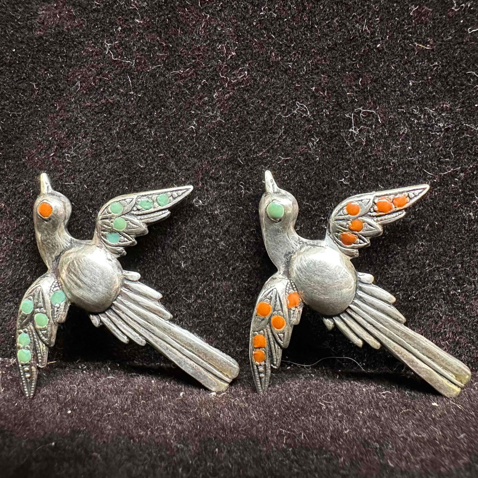Sterling Silver Birds In Flight Turquoise and Orange Hand Painted Design Brooch Set (1 of 7)