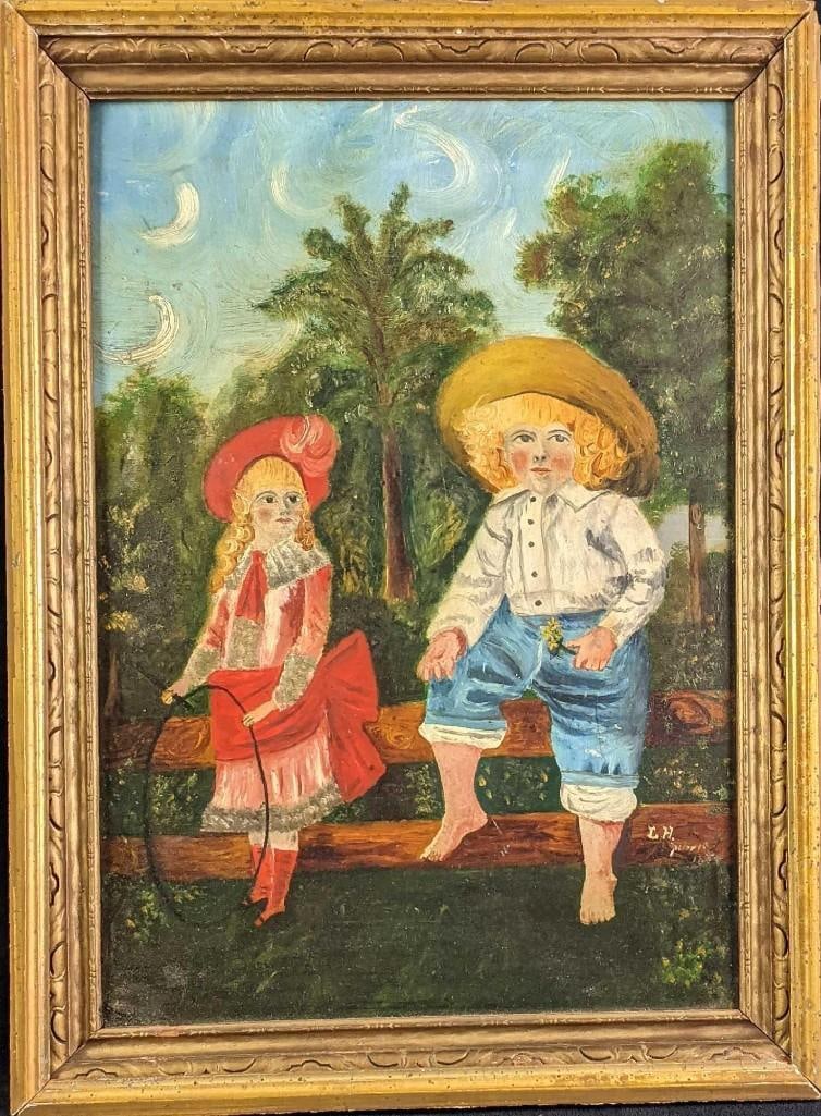 Original Charles Hunt Inspired Painting: Original Charles Hunt Inspired Painting. Here is an artist's interpretation of two Charles Hunt like kids. This shows two kids hanging around a fence in period clothing. The artist signed the bot