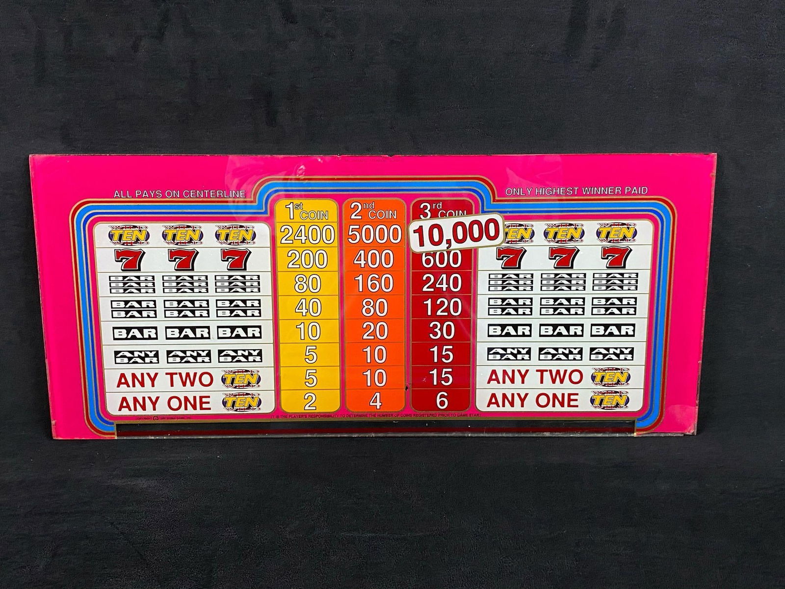 Vintage 1990 Sigma Games Glass Slot machine Display: Vintage 1990 Sigma Games Glass Slot machine Display 1900 Glass Authentic Good Condition with a few glass chips around the edges (Not notice