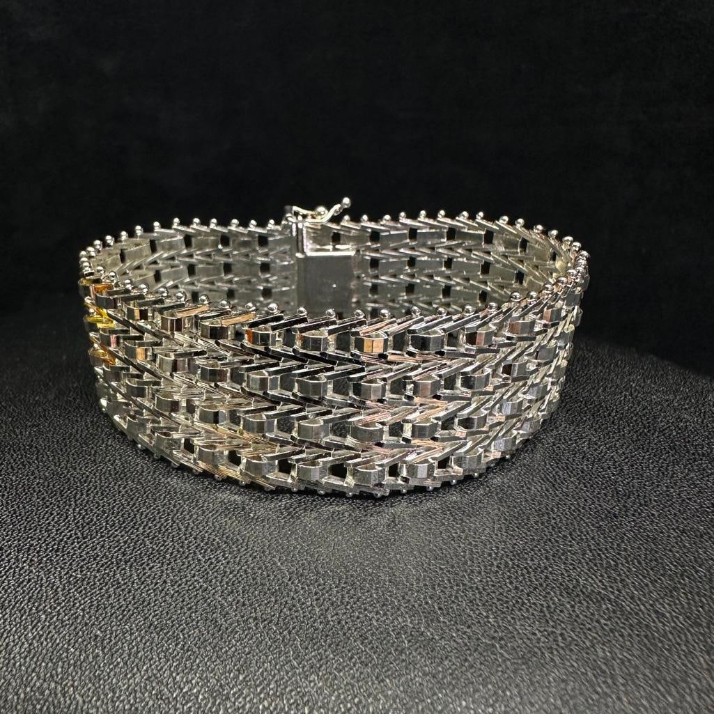 Wide Sterling Silver Patterned Weave Link Bracelet (1 of 3)