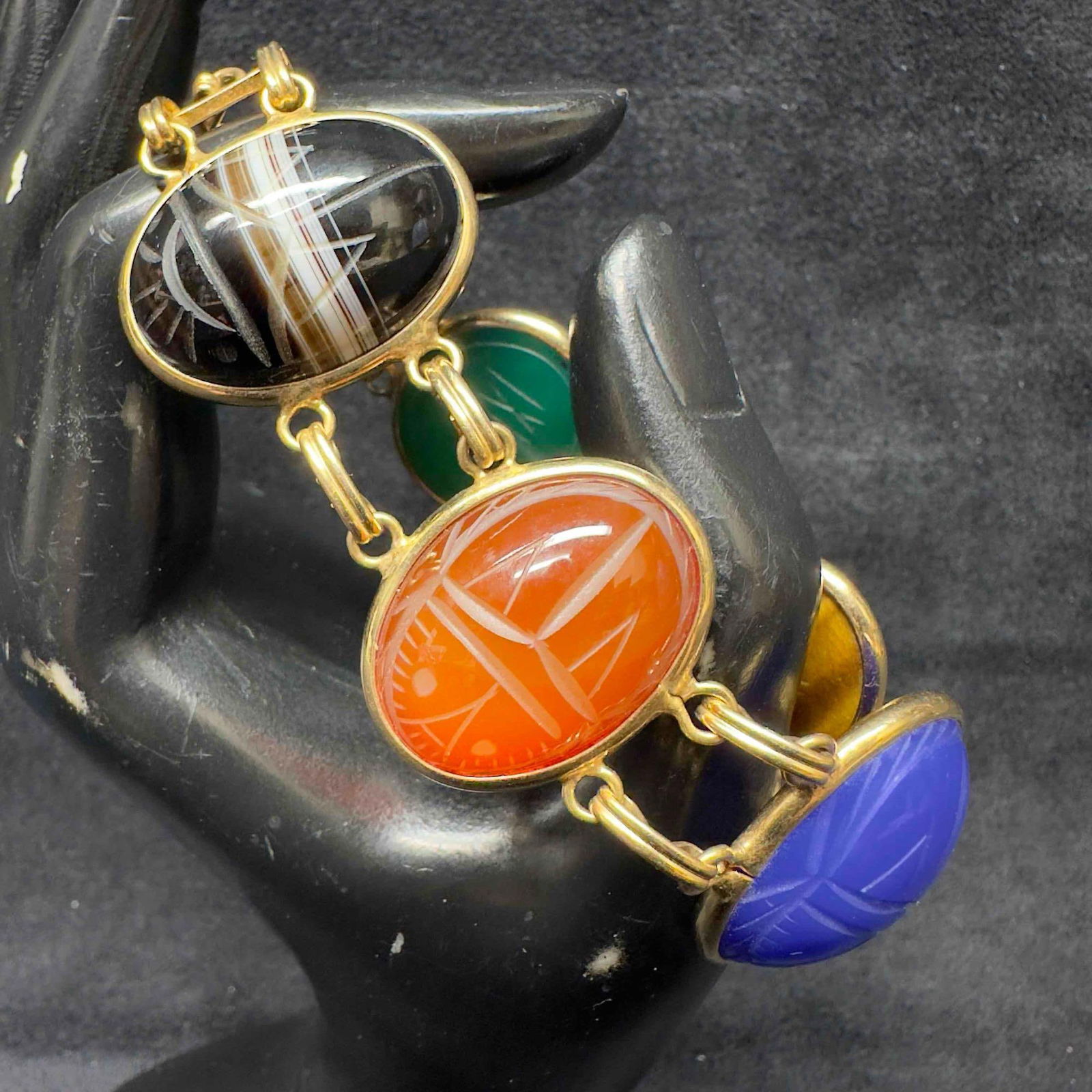 12K Gold Filled Scarab Beetle Five Egyptian Hieroglyphs Gemstones Bracelet I28 (1 of 7)
