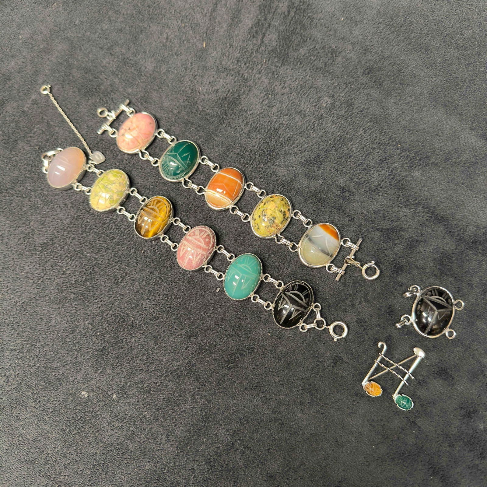 Scarab Beetle Egyptian Hieroglyphs Gemstones 12K Gold Filled Bracelet and Brooch Set I32 (1 of 12)