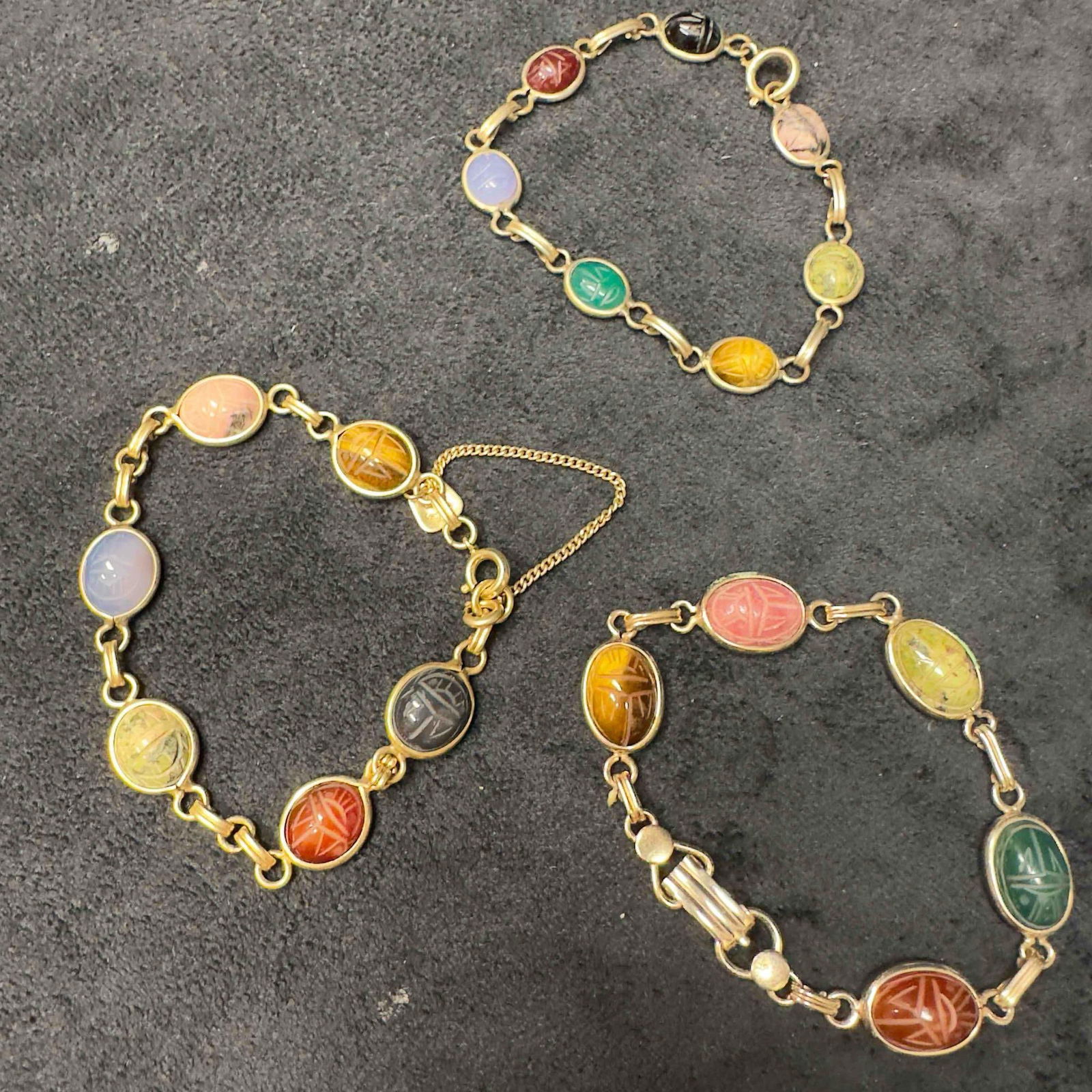 Scarab Beetle Egyptian Hieroglyphs Gemstones 12K Gold Filled Bracelet Set Lot of Three I33 (1 of 10)