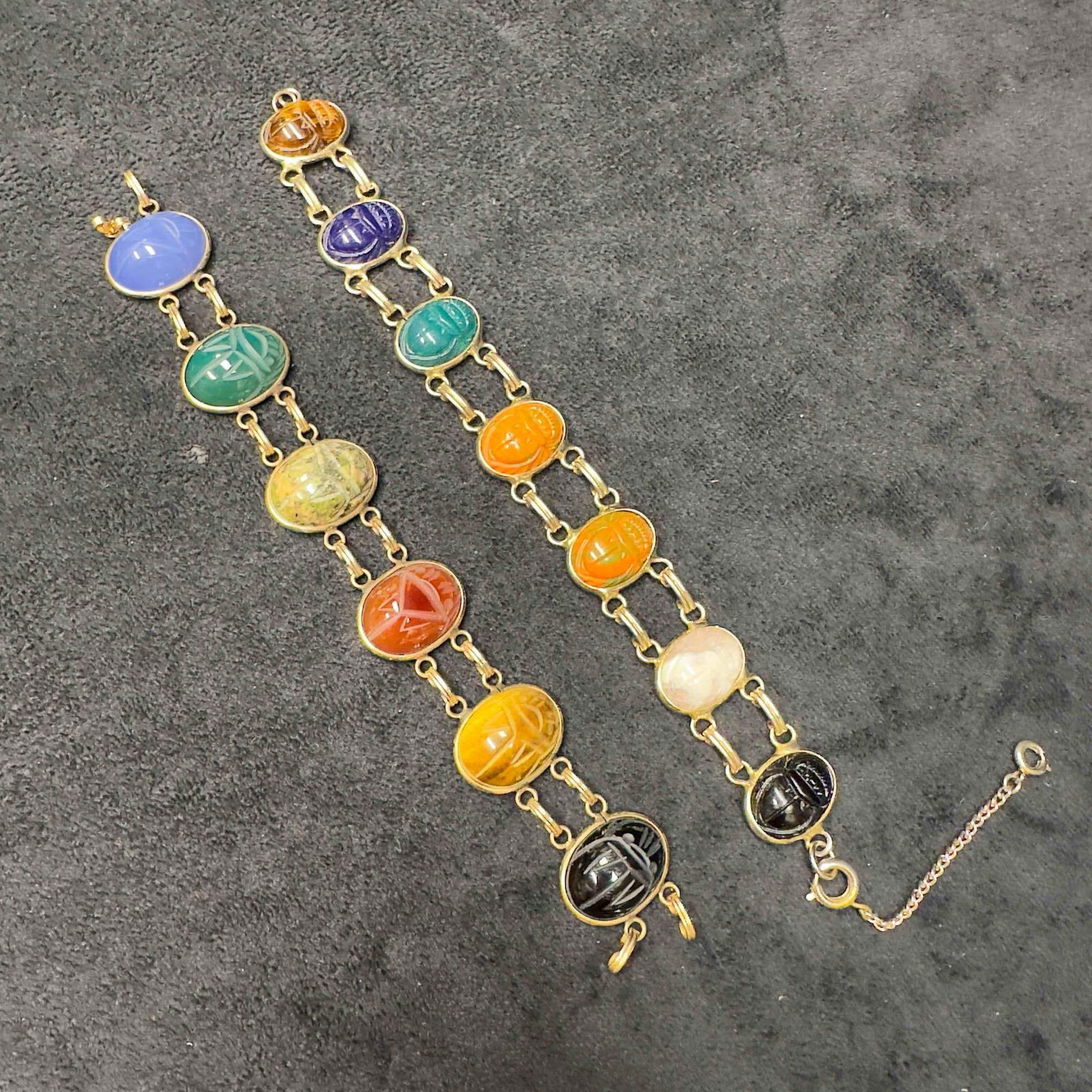 Scarab Beetle Egyptian Hieroglyphs Gemstones Gold Toned Bracelet Set Broken I34 (1 of 8)