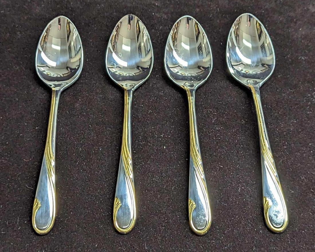 4 Retired Gorham Golden Swirl Teaspoons B: 4 Retired Gorham Golden Swirl Teaspoons B. This series was released by Gorham Silver from the year 1982 to the year 2001. These stainless steel spoons have signs of light wear with markings and small