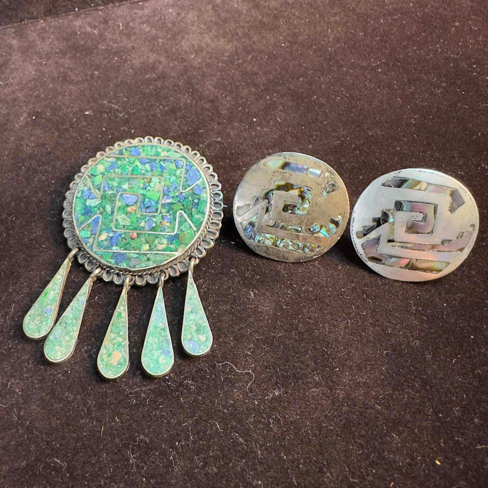 Mexico Turquoise Composite Mosiac Inlay Sterling Silver Pendant and Mexican Design Earrings Set (1 of 11)