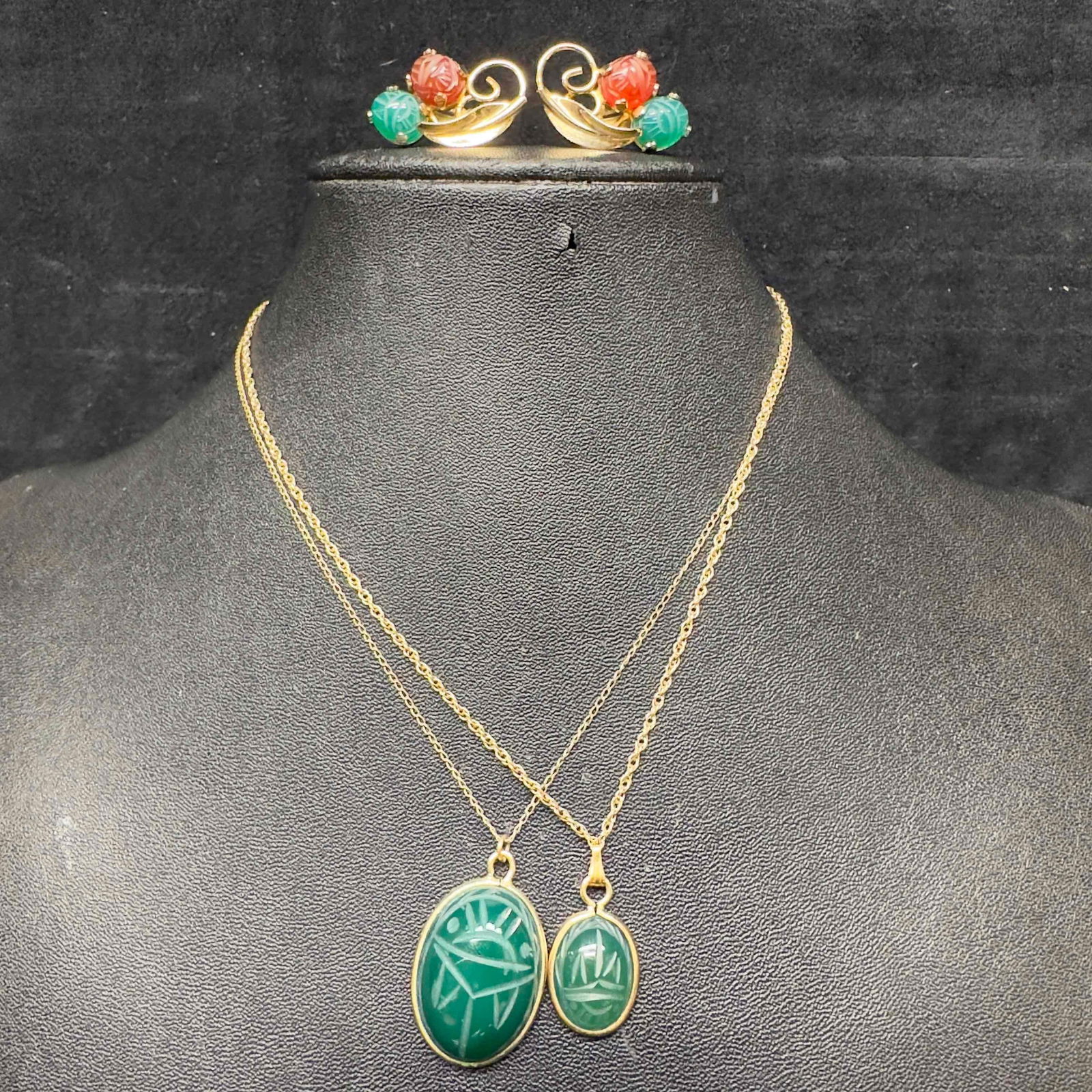 12K Gold Filled Scarab Beetle Egyptian Hieroglyphs Gemstones Two Pendant Necklaces and Earrings Set (1 of 15)