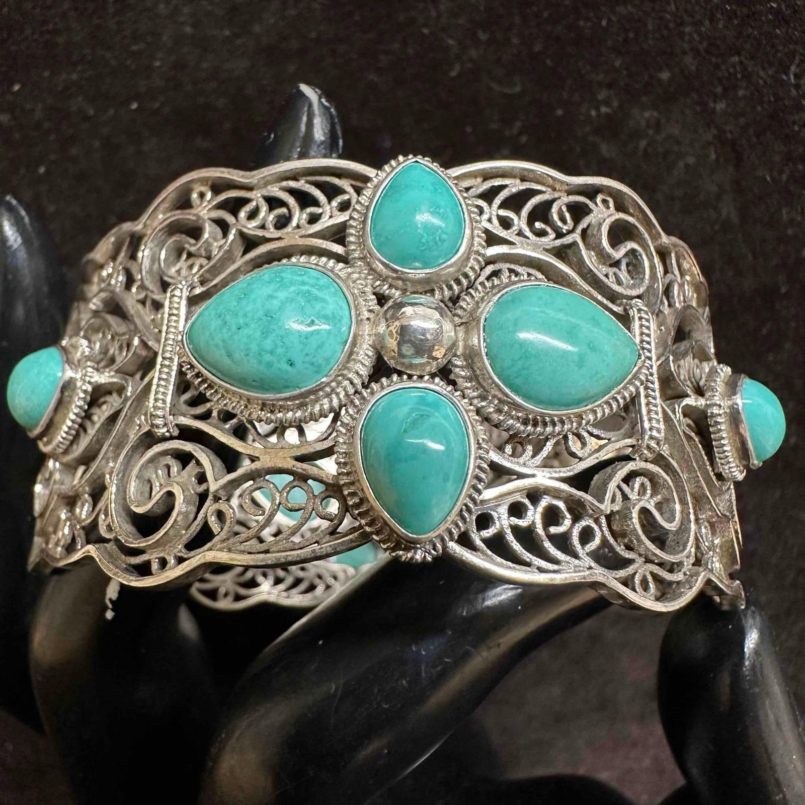 Designer BJ 925 Sterling Silver Turquoise Filigree Open Hinged Cuff Bracelet (1 of 12)