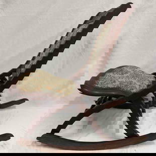 Antique Folding Victorian Style Wooden Rocking Chair Floral Tapestry Accents: Antique Folding Victorian Style Wooden Rocking Chair Floral Tapestry Accents. This vintage wooden folding rocking chair has no identifying markings. Metal hook attached to keep chair folded, closed. L