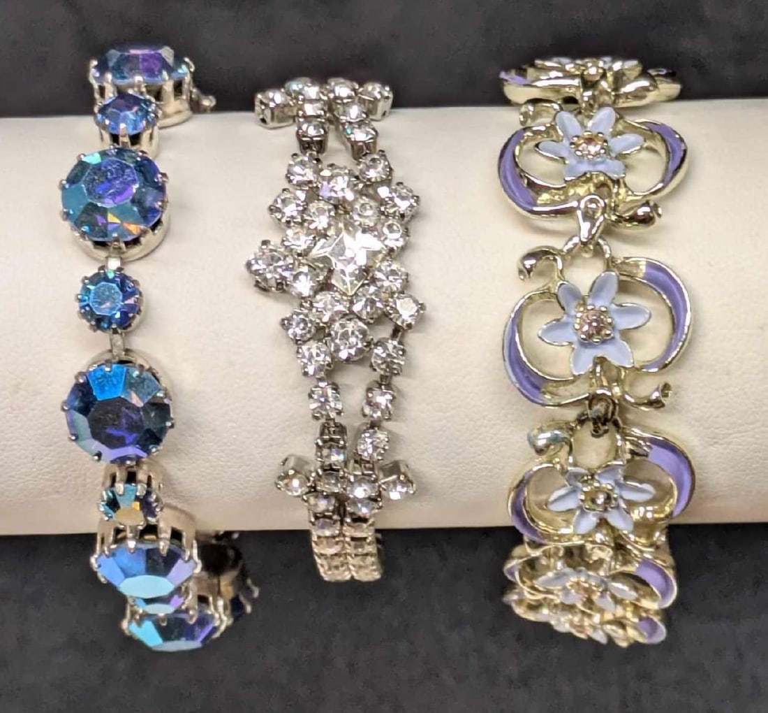 Vintage Silvertone AB Crystal Flower Unsigned Bracelets Lot Of 3 (1 of 7)