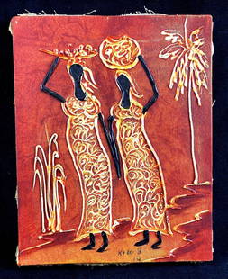 Two African Women Canvas Oil Painting: This lot includes: (1) Two African Women Canvas Oil Painting Condition is used and see photographs for additional details. The canvas depicts two African women carrying baskets ov