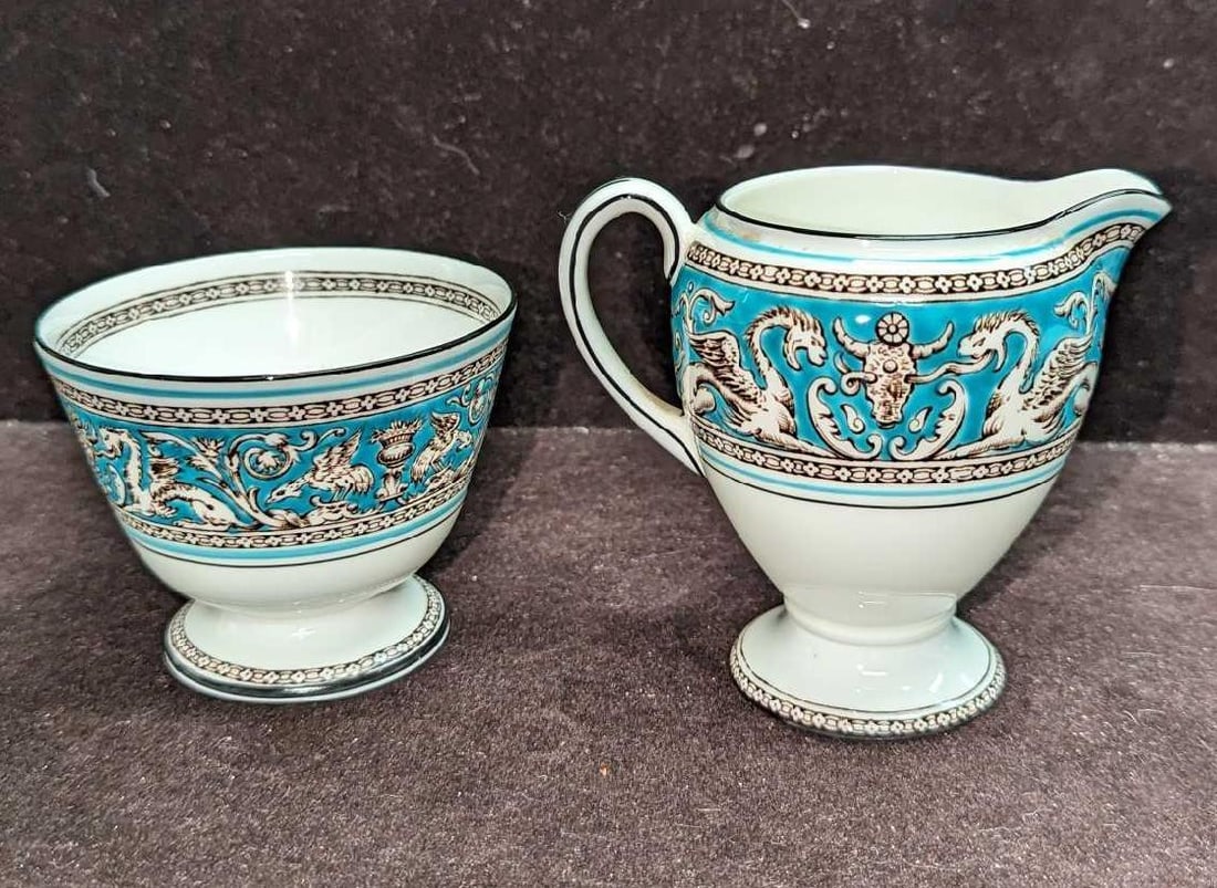 Retired Florentine Turquoise Creamer & Sugar Bowl: Retired Florentine Turquoise Creamer & Sugar Bowl. . This pattern was released from the year 1962 to the year 1982. This lot contains: (1) Creamer. This is approx 4" x 3" x 3 3/4". (1)