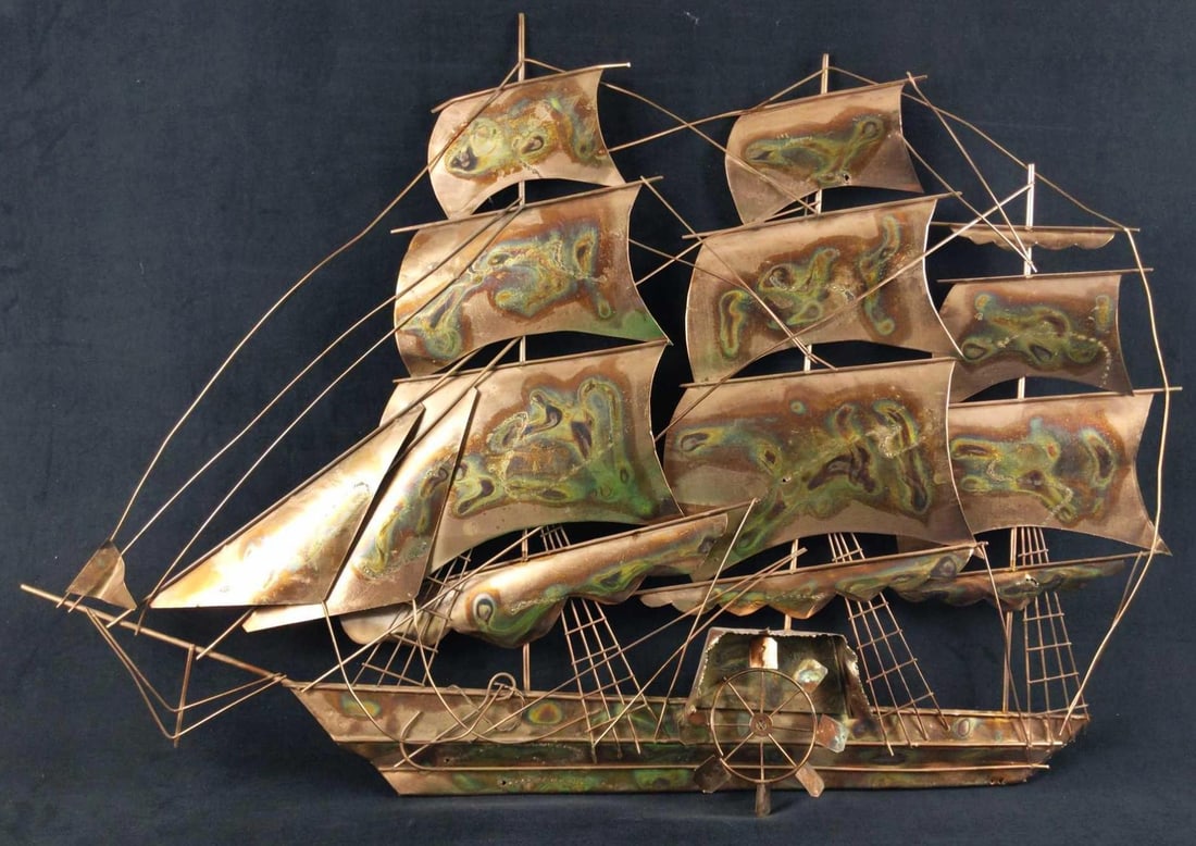 Vintage Brass Sailing Ship 3D Wall Art: Vintage Brass Sailing Ship 3D Wall Art. Is approx 36" x 2" x 26". While once a mighty sailing ship, age, and rough waters has given this old vessel some tarnish, holes, and even some scratches, making