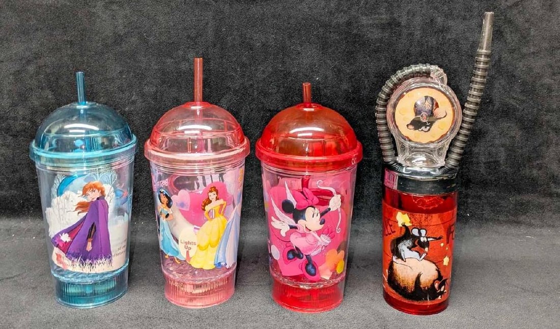 Disney Flashing Dome Cups And Ratatouille Cup: Disney Flashing Dome Cups And Ratatouille Cup. The flashing dome cups are approx 9 1/4" x 4" x 4". The Ratatouille cup is approx 11" x 3" x 3". The flashing dome cups require new batteries and the&nbs